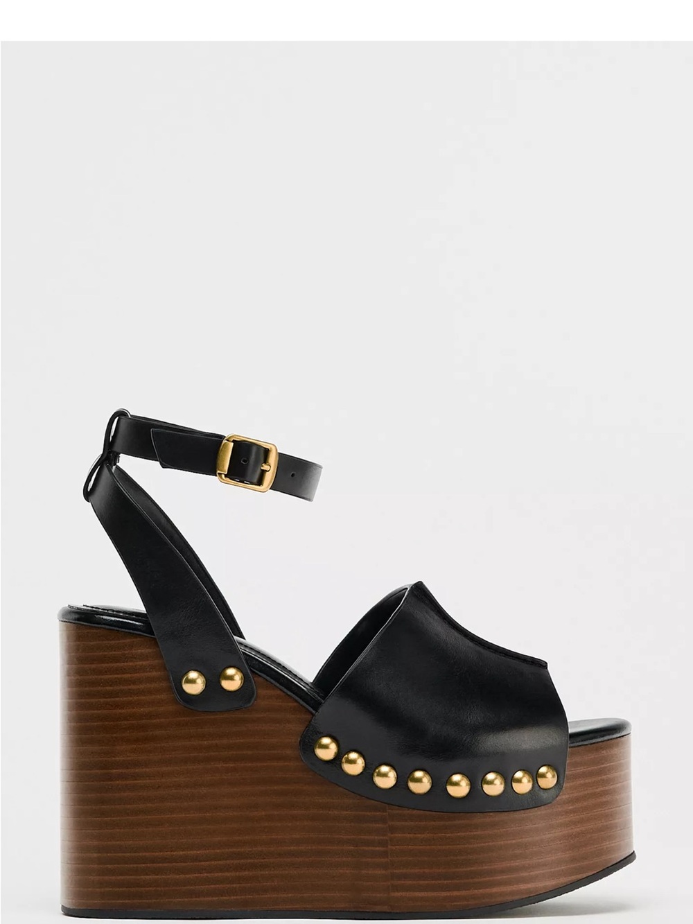 Zara Black Leather Platform Wedge Sandals with Gold Hardware